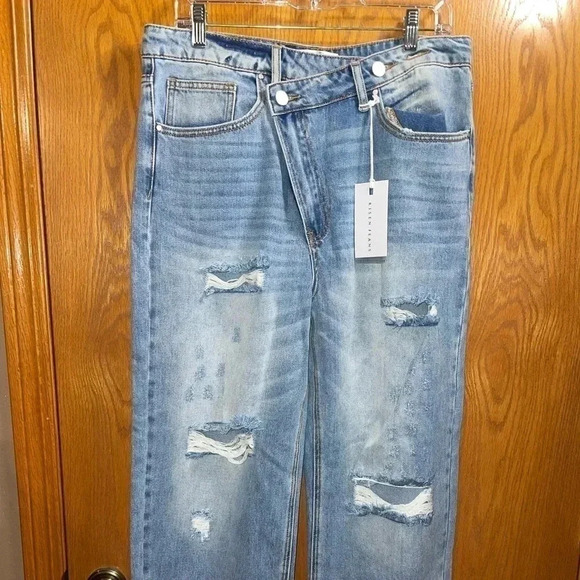 Women’s RISEN DENIM JEANS CROSS OVER DETAIL HIGH RISE WIDE STRAIGHT LEG 13/31W - Picture 2 of 14